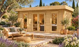 Holz-Gartenhaus Cannes A - 44mm Blockbohlenhaus - Gartenhaus Lounge - Flachdach - Fichte - 16.80m2