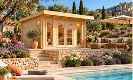 Holz-Gartenhaus Barbados 3 - 44mm Blockbohlenhaus - Gartenhaus Lounge - Pultdach - Fichte - 11.64m2