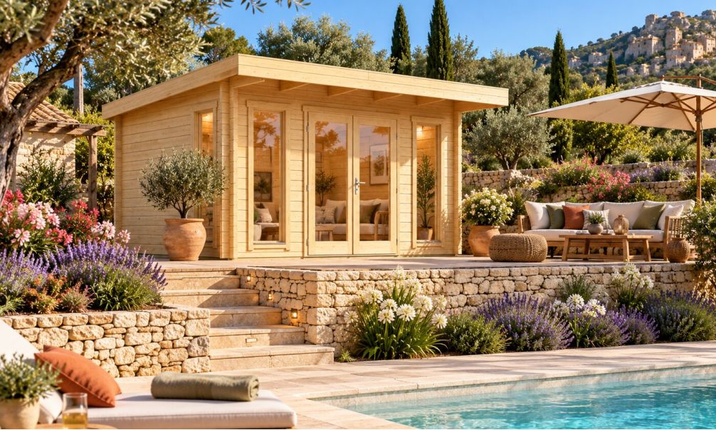 Holz-Gartenhaus Barbados 3 - 44mm Blockbohlenhaus - Gartenhaus Lounge - Pultdach - Fichte - 11.64m2