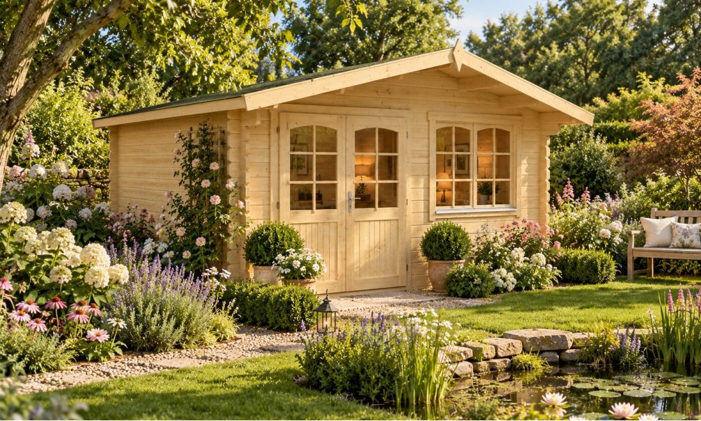 Holz-Gartenhaus Andernos - 44mm Blockbohlenhaus - Gartenhaus Lounge - Satteldach - Fichte - 15.15m²