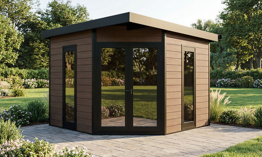 WPC-Gartenhaus MUNICH | Teakholz | Pultdach | Wandstärke 28mm | 300x300cm