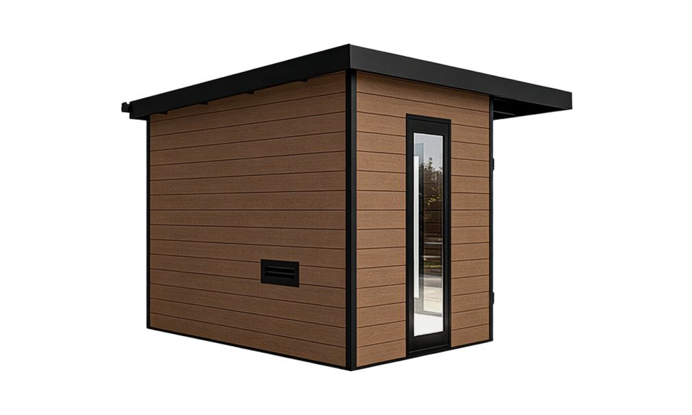 WPC-Gartenhaus MUNICH | Teakholz | Pultdach | Wandstärke 28mm | 300x300cm