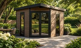 WPC-Gartenhaus MUNICH | Teakholz | Pultdach | Wandstärke 28mm | 300x300cm