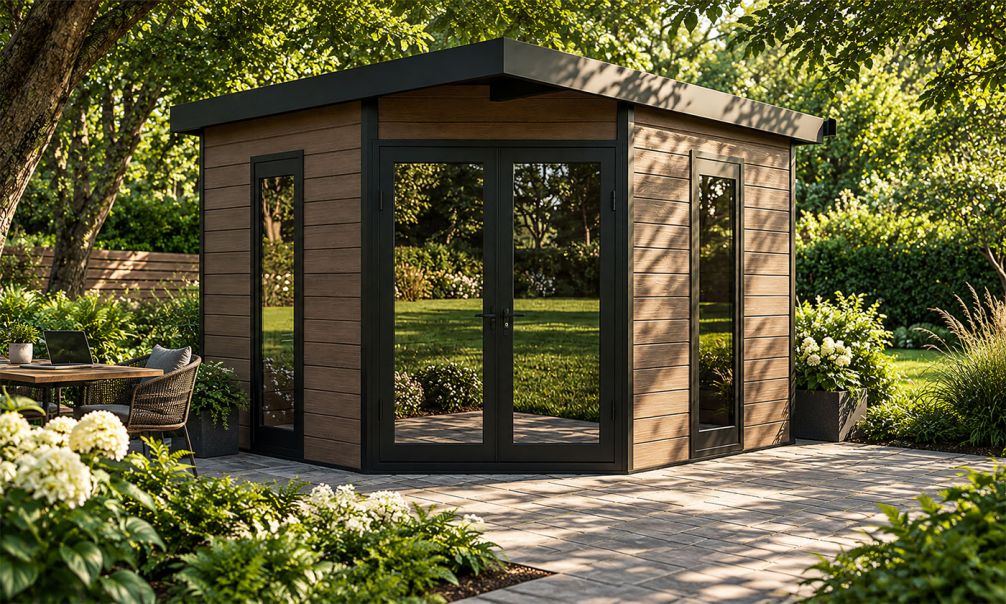 WPC-Gartenhaus MUNICH | Teakholz | Pultdach | Wandstärke 28mm | 300x300cm