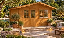 Holz-Gartenhaus ANDERNOS | 44mm Blockbohlenhaus | Kesseldruckimprägniert | Satteldach | Fichte | 15.15m²