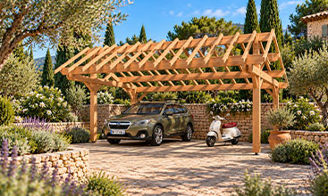 Doppelcarport mit asymmetrischem Dach aus Holz
