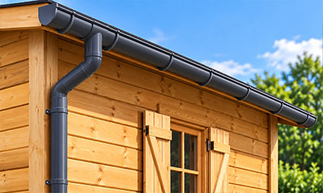 Dachrinne aus PVC an einem Gartenhaus