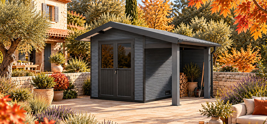 WPC Gartenhaus Doubs mit Satteldach in Teak